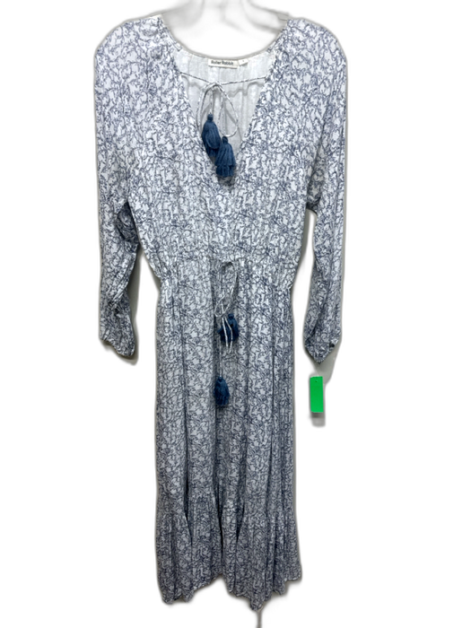 Roller Rabbit Size S White & Navy Viscose Long Sleeve V Neck Tassels Dress White & Navy / S