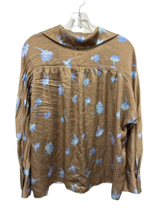 Vince Size L Beige & Blue Silk Floral V Neck Collared Long Sleeve Top Beige & Blue / L