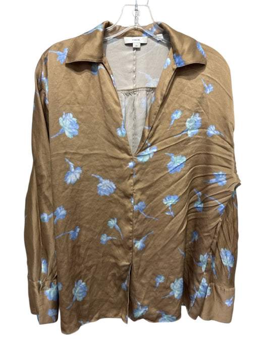 Vince Size L Beige & Blue Silk Floral V Neck Collared Long Sleeve Top Beige & Blue / L