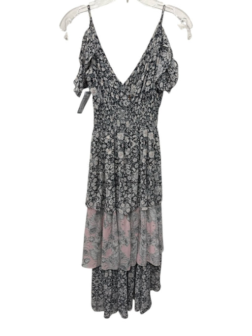 Misa Size S Black, White & Pink Viscose Floral V Neck Ruffle Dress Black, White & Pink / S