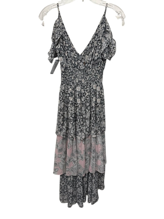 Misa Size S Black, White & Pink Viscose Floral V Neck Ruffle Dress Black, White & Pink / S