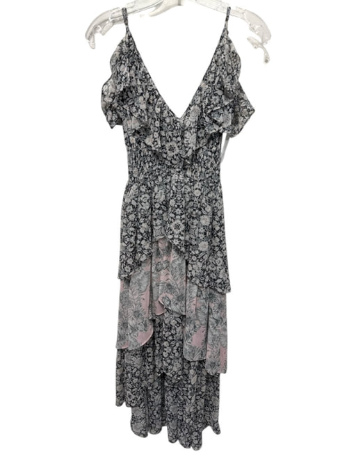 Misa Size S Black, White & Pink Viscose Floral V Neck Ruffle Dress Black, White & Pink / S
