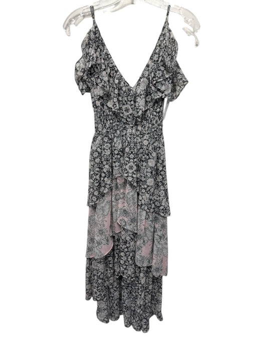 Misa Size S Black, White & Pink Viscose Floral V Neck Ruffle Dress Black, White & Pink / S