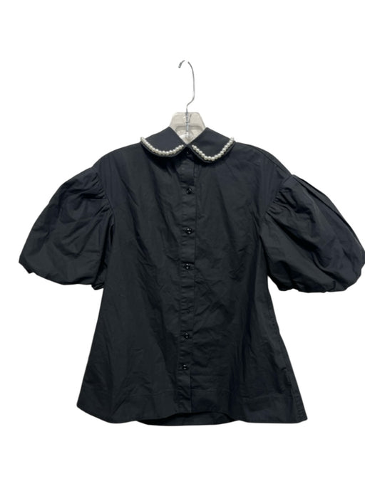 Simone Rocha Size 2 Black Cotton Pearl Detail Peter Pan Collar Button Down Top Black / 2