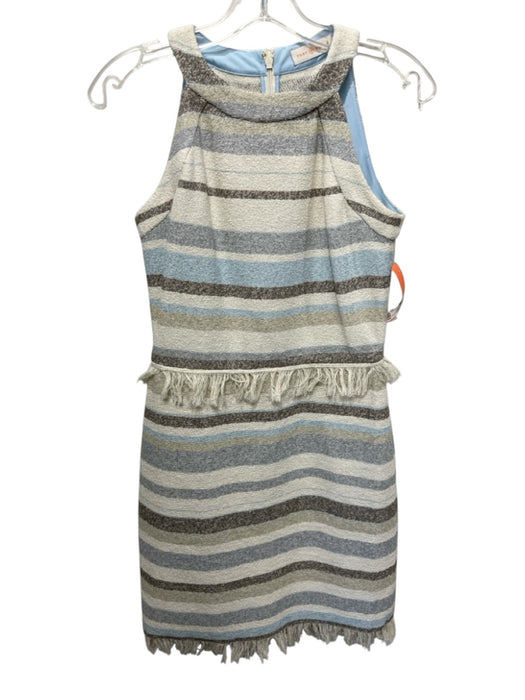 Tory Burch Size 2 Cream, Blue, Brown Cotton Striped Fringe Detail Back Zip Dress Cream, Blue, Brown / 2