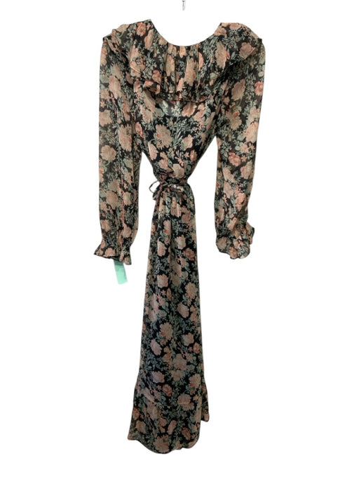 MNG Size Large Pink, Green, Black Polyester Long Sleeve Floral Ruffles Dress Pink, Green, Black / Large