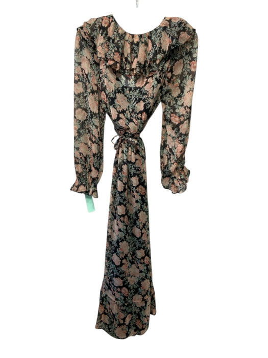 MNG Size Large Pink, Green, Black Polyester Long Sleeve Floral Ruffles Dress Pink, Green, Black / Large