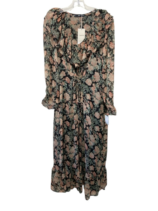 MNG Size Large Pink, Green, Black Polyester Long Sleeve Floral Ruffles Dress Pink, Green, Black / Large