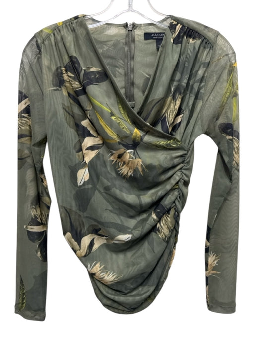 ALLSAINTS Size 4 Olive Green, Yellow, Gray Polyester Blend Long Sleeve Mesh Top Olive Green, Yellow, Gray / 4