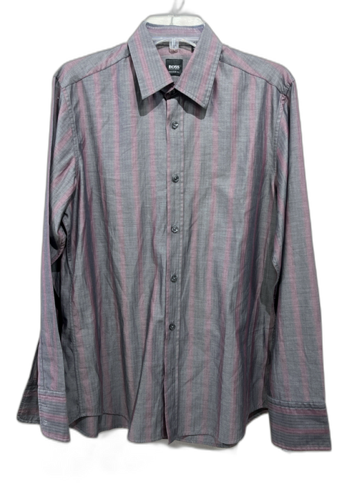 Boss Size M Gray & Pink Cotton Striped Button Down Men's Long Sleeve Shirt Gray & Pink / M