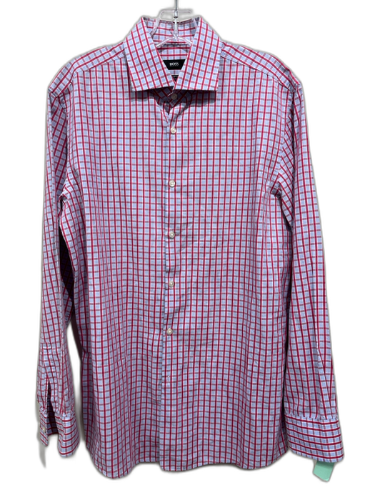 Boss Size 16 Red, White & Blue Cotton Plaid Button Down Men's Long Sleeve Shirt Red, White & Blue / 16