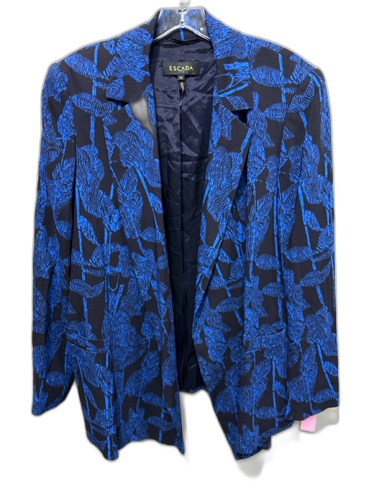 Escada Size L / 42 Black & Blue Viscose Blend Abstract Floral Lapel Jacket Black & Blue / L / 42