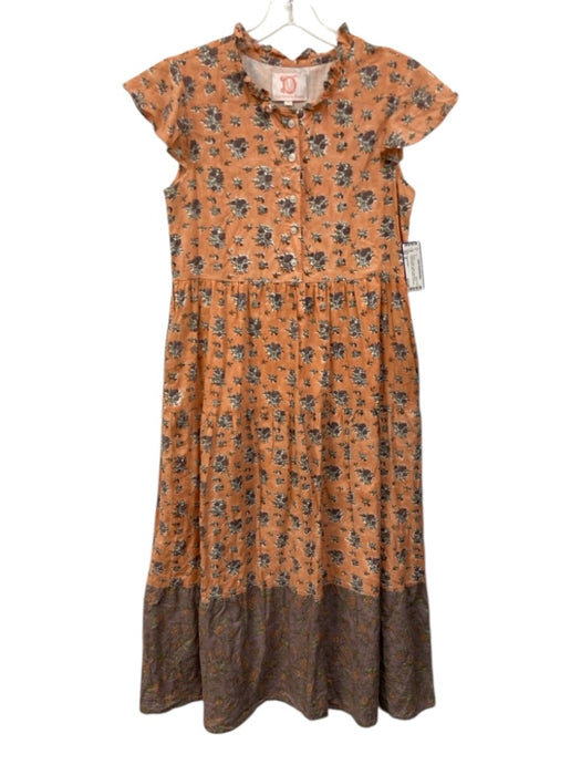 Victoria Dunn Size M Orange & Multi Cotton Cap Sleeve Floral Buttons Midi Dress Orange & Multi / M