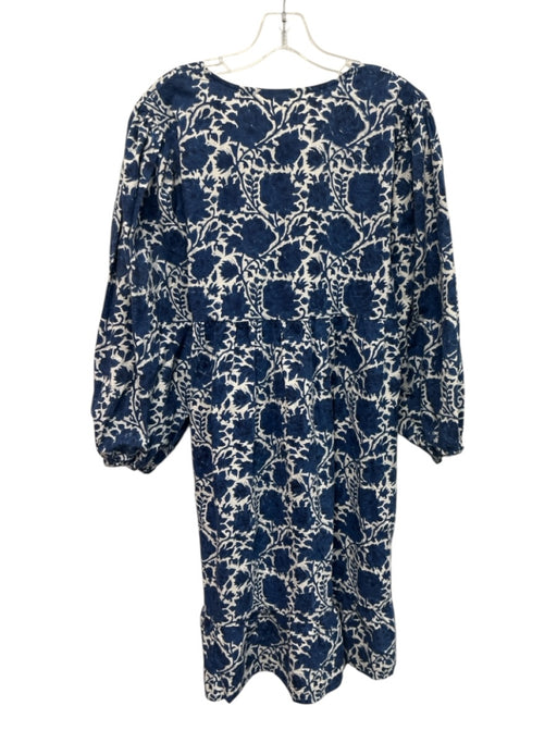 SZ Blockprints Size L Blue & White Cotton Long puff sleeve Floral Print Dress Blue & White / L