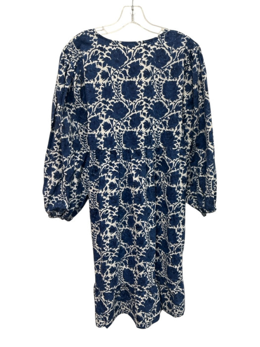 SZ Blockprints Size L Blue & White Cotton Long puff sleeve Floral Print Dress Blue & White / L