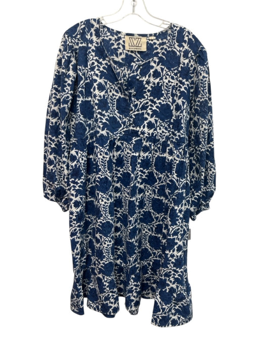SZ Blockprints Size L Blue & White Cotton Long puff sleeve Floral Print Dress Blue & White / L