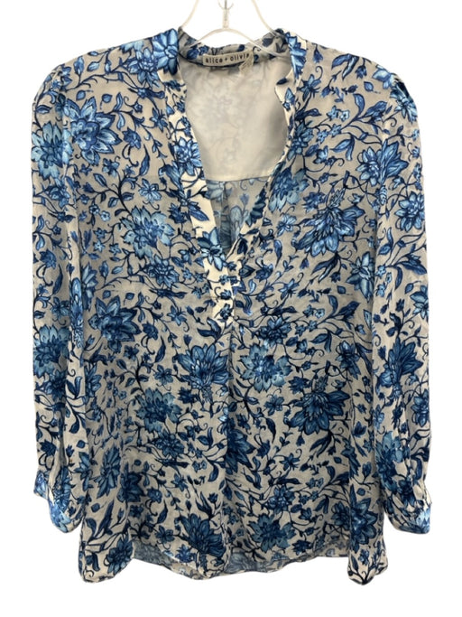 Alice & Olivia Size XS Blue & White Viscose Blend Long Sleeve Floral Top Blue & White / XS