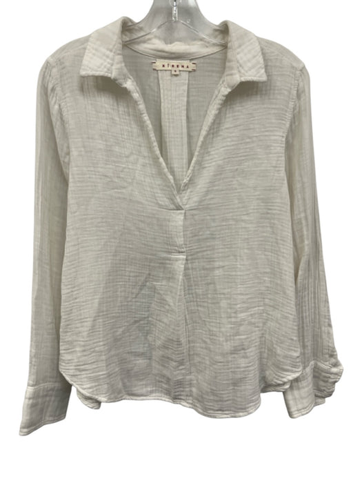 XiRENA Size S White Cotton Long Sleeve Textured Collar V Neck Top White / S
