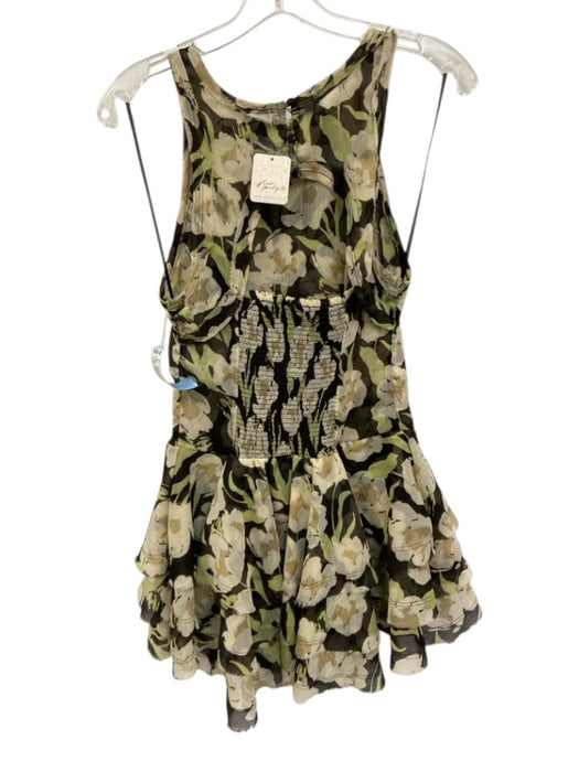 Free People Size XS Black, White, Green Polyester Sleeveless Floral Mini Dress Black, White, Green / XS