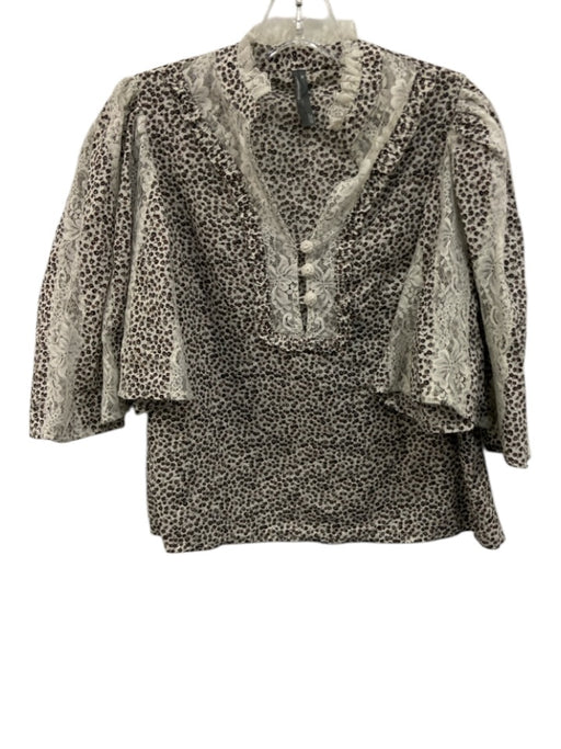 Anthropologie Size XS White, Brown & Red Cotton Lace Detail Abstract Floral Top White, Brown & Red / XS