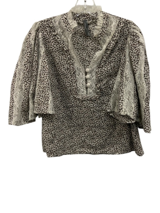 Anthropologie Size XS White, Brown & Red Cotton Lace Detail Abstract Floral Top White, Brown & Red / XS