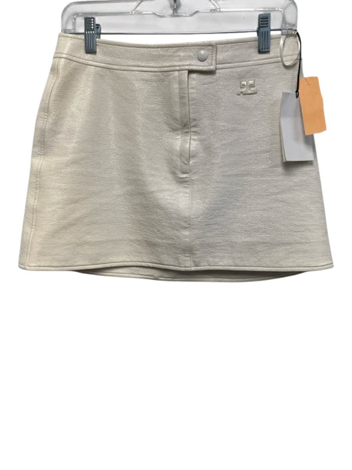 Courreges Size 38 Cream White Cotton Blend Vinyl Embroidered Logo Mini Skirt Cream White / 38