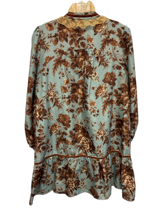 Tuckernuck Size Large Teal Blue & Brown Polyester Long Sleeve Floral Dress Teal Blue & Brown / Large