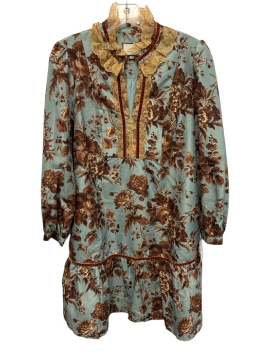 Tuckernuck Size Large Teal Blue & Brown Polyester Long Sleeve Floral Dress Teal Blue & Brown / Large