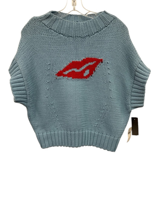 Maeve Size Medium Light Blue & Red Cotton Blend Short Sleeve Lips Sweater Light Blue & Red / Medium