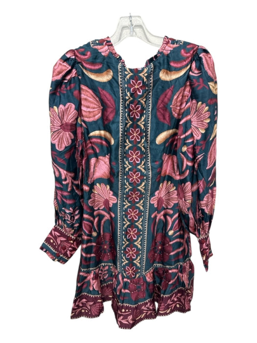 Farm Rio Size S Teal Blue, Red, Pink Viscose Deep V Floral Ruffle Trim Dress Teal Blue, Red, Pink / S