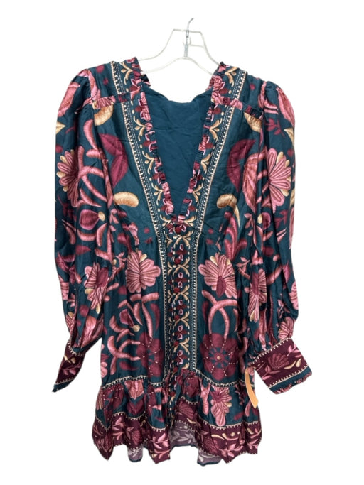 Farm Rio Size S Teal Blue, Red, Pink Viscose Deep V Floral Ruffle Trim Dress Teal Blue, Red, Pink / S