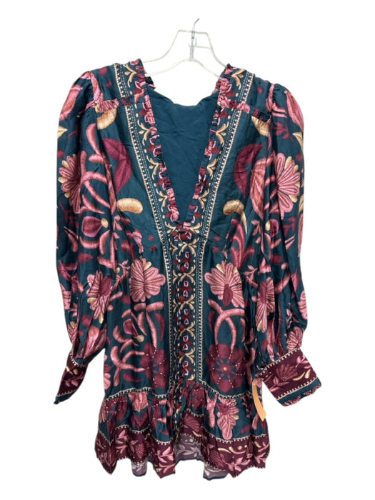 Farm Rio Size S Teal Blue, Red, Pink Viscose Deep V Floral Ruffle Trim Dress Teal Blue, Red, Pink / S