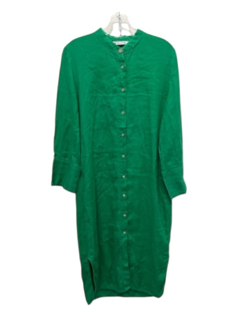 Zara Size S Green Linen Mock Collar Button Up Long Sleeve Midi Dress Green / S