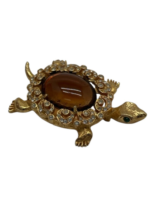 De Nicola Gold, Amber & Green Gold Tone Metal Crystal Detail Turtle Brooch Gold, Amber & Green