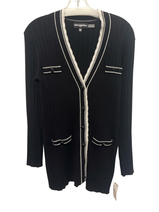 Karl Lagerfeld Size S Black & White Rayon Blend Ribbed Button Front Cardigan Black & White / S