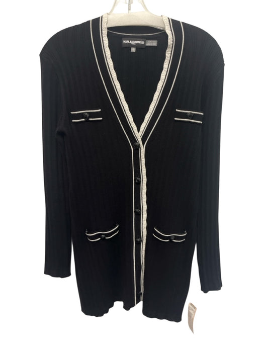Karl Lagerfeld Size S Black & White Rayon Blend Ribbed Button Front Cardigan Black & White / S