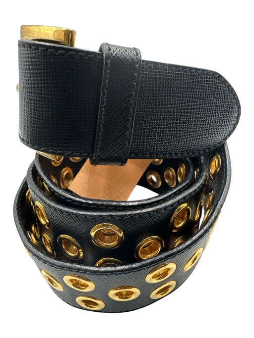 Prada Black Leather Grommets Saffiano Goldtone Hardware Belts Black / 34