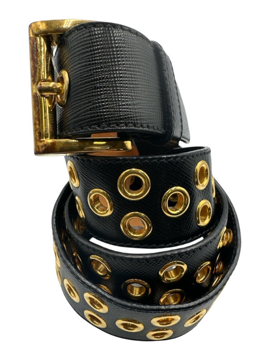 Prada Black Leather Grommets Saffiano Goldtone Hardware Belts Black / 34