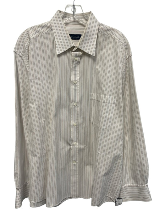 Canali Size 17.5 White & Tan Cotton Striped Button Up Men's Long Sleeve Shirt White & Tan / 17.5
