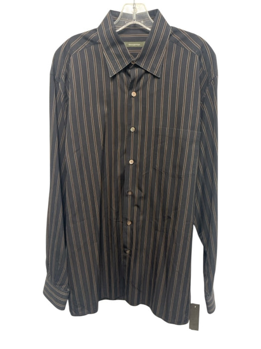 Zegna Size XL Navy & Brown Cotton Striped Button Up Men's Long Sleeve Shirt Navy & Brown / XL