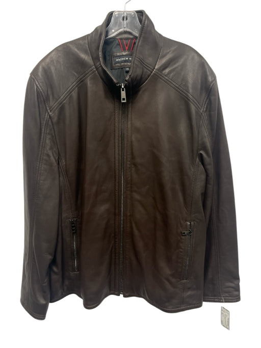 Andrew Marc Size XXL Brown Leather Solid Moto Zip Up Men's Jacket Brown / XXL