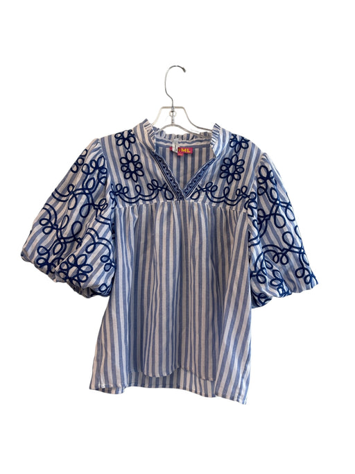 THML Size Large Blue & White Cotton & Polyester Striped Short Puff Sleeve Top Blue & White / Large