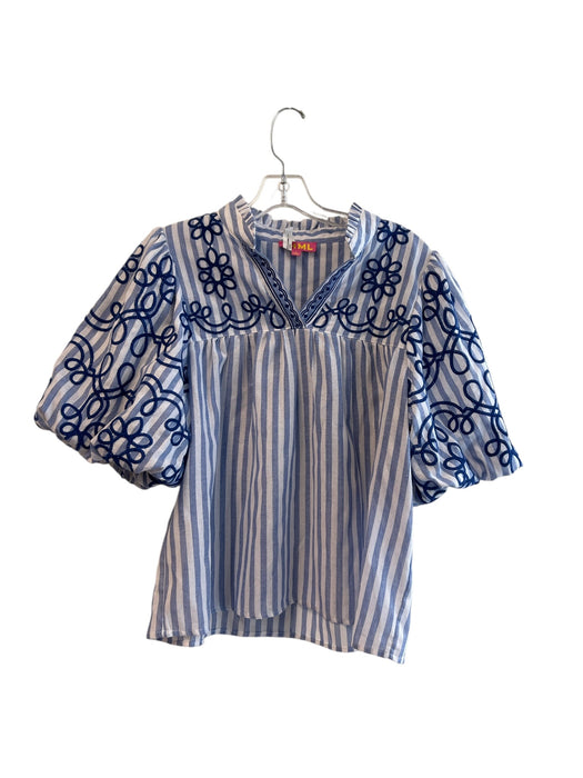 THML Size Large Blue & White Cotton & Polyester Striped Short Puff Sleeve Top Blue & White / Large