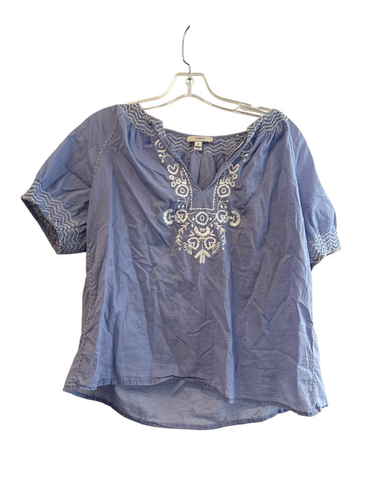 J Crew Size 12 Blue & White Cotton V Neck Short Sleeve Embroidered Design Top Blue & White / 12