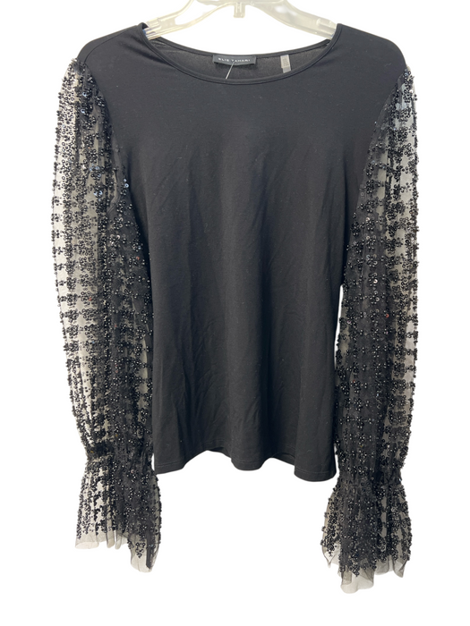Elie Tahari Size Medium Black Rayon Blend Round Neck Mesh Sleeves Sweater Black / Medium