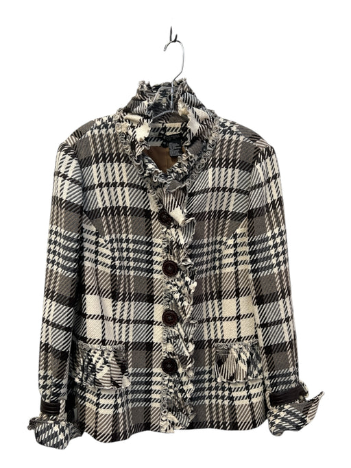 Etcetera Size 14 Cream, brown & gray Acrylic Blend Plaid Ruffle Detail Jacket Cream, brown & gray / 14