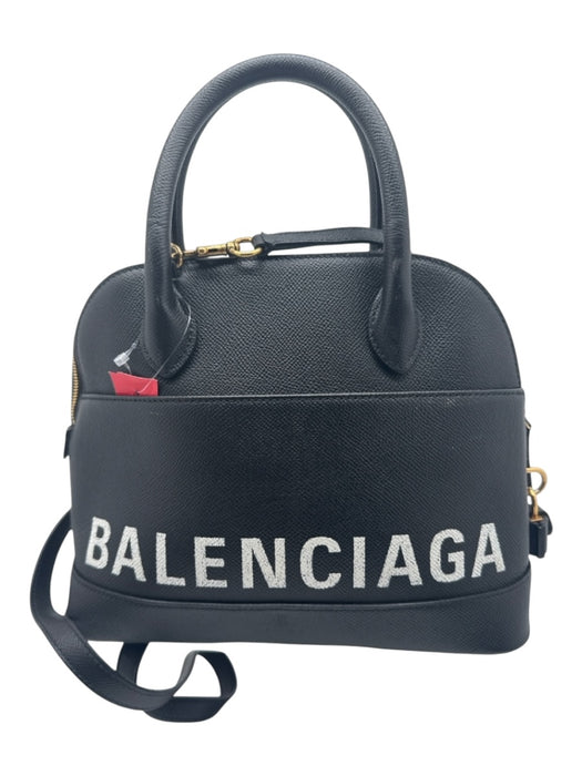 Balenciaga Black & White Saffiano Leather Logo Top Handle Bowler Bag Black & White / Small