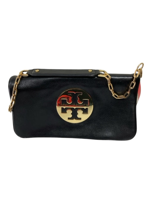 Tory Burch Black & Gold Leather & Metal Flap Shoulder Chain Rectangle Bag Black & Gold / Small