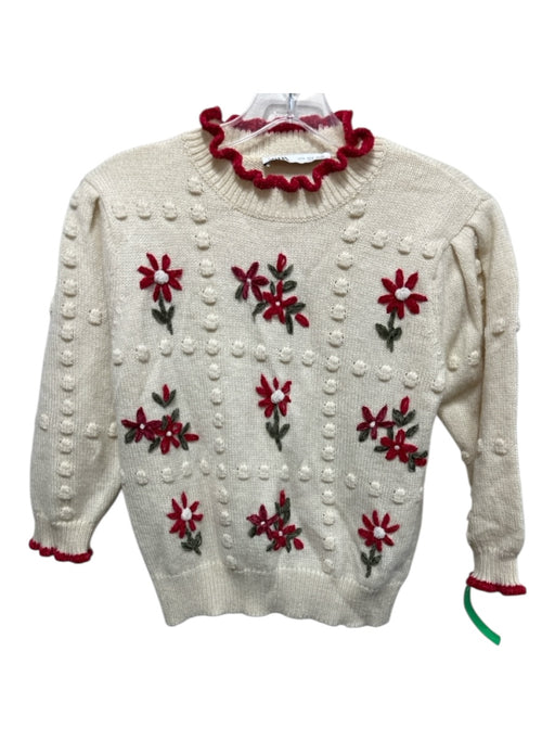 Zara Size S Cream, Red, Green Polyester & Acrylic Puff 1/2 Sleeve Sweater Cream, Red, Green / S