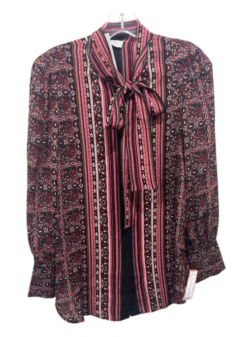 A.L.C. Size 4 Black, Pink, Red Silk Long Sleeve Paisley Tie Neck Button up Top Black, Pink, Red / 4
